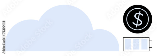 Large cloud symbol paired with a dollar sign in a black circle and a partially charged battery. Ideal for technology, finance, renewable energy, cloud computing, efficiency, sustainability, digital