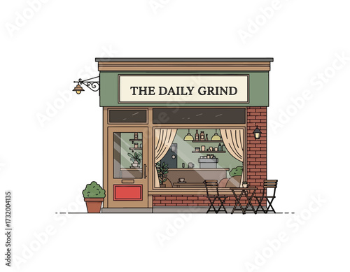 Illustration of The Daily Grind Coffee Shop. Charming cafe with outdoor seating, perfect for a relaxing experience, vector image