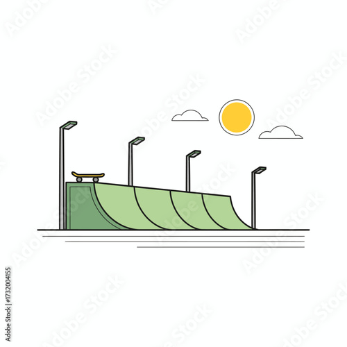 Minimalist Illustration of Skate Park Ramp with Skateboard Sun Clouds and Streetlights a Simple and Clean Aesthetic