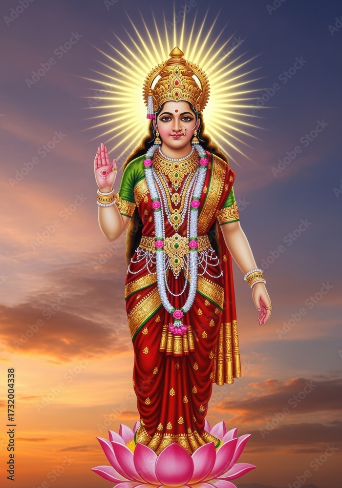 Fototapeta premium Goddess Lakshmi/Durga standing on a lotus flower, glowing with divine light against a deep blue and orange sky.