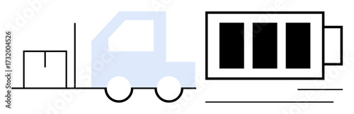 Electric vehicle carrying a large battery for sustainable delivery next to a package. Ideal for logistics, transport, energy, sustainability, innovation, cargo, technology-focused designs. Simple