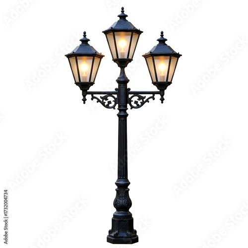 Ornate black triple head street lamp with glowing lights isolated on transparent background