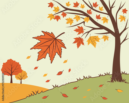 Brightly colored vector illustration of autumn maple trees in a park with falling leaves and vibrant orange and yellow foliage