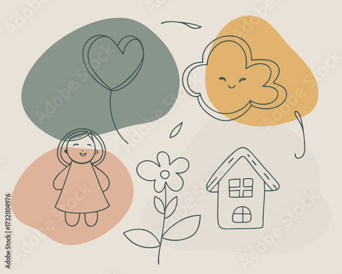 A house with a tree in the sky, a fun vector illustration of a loving couple and baby for a Valentine's Day card design