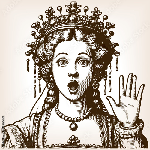 royal queen wearing an ornate crown and jewelry, raising her hand with astonished and dramatic facial expression sketch engraving generative ai fictional character vector illustration. Scratch board