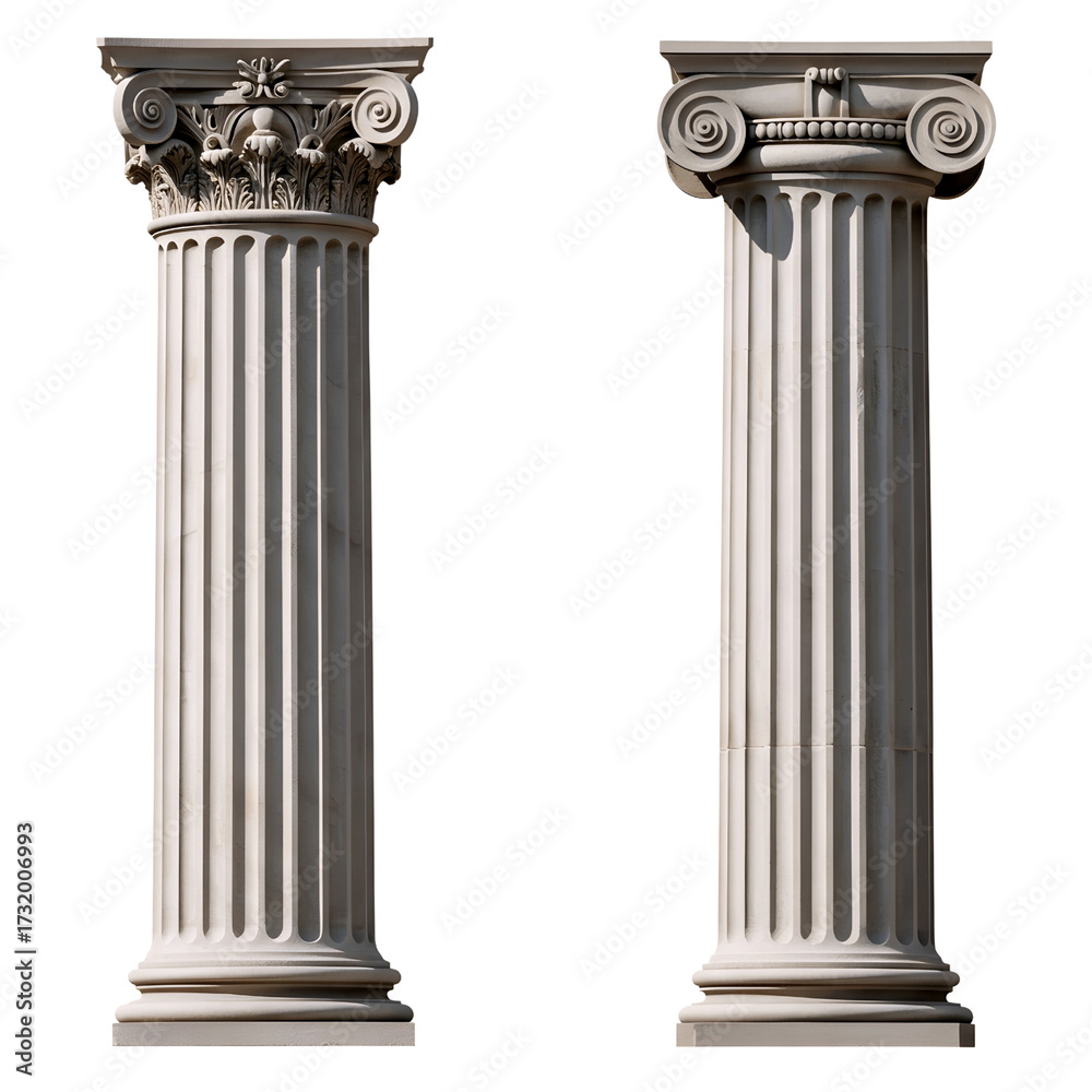 Obraz premium Two ancient ionic columns with ornate capitals isolated on transparent background