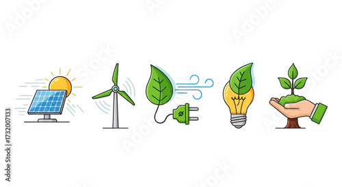 Colorful Icons Representing Renewable Energy Sources and Sustainability.