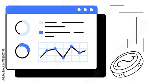Analytics dashboard with graphs, pie charts, and data trends accompanied by a falling coin, symbolizing financial growth insights. Ideal for business, investment, strategy, fintech, economy data