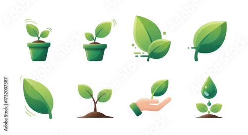 Collection of Green Sprout and Leaf Icons Representing Growth and Nature.
