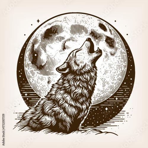 fierce werewolf with claws extended, howling at the full moon with bats flying around sketch engraving generative ai fictional character vector illustration. Scratch board. Black and white image.