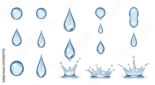 Various Realistic Water Droplets and Splashes Illustration.