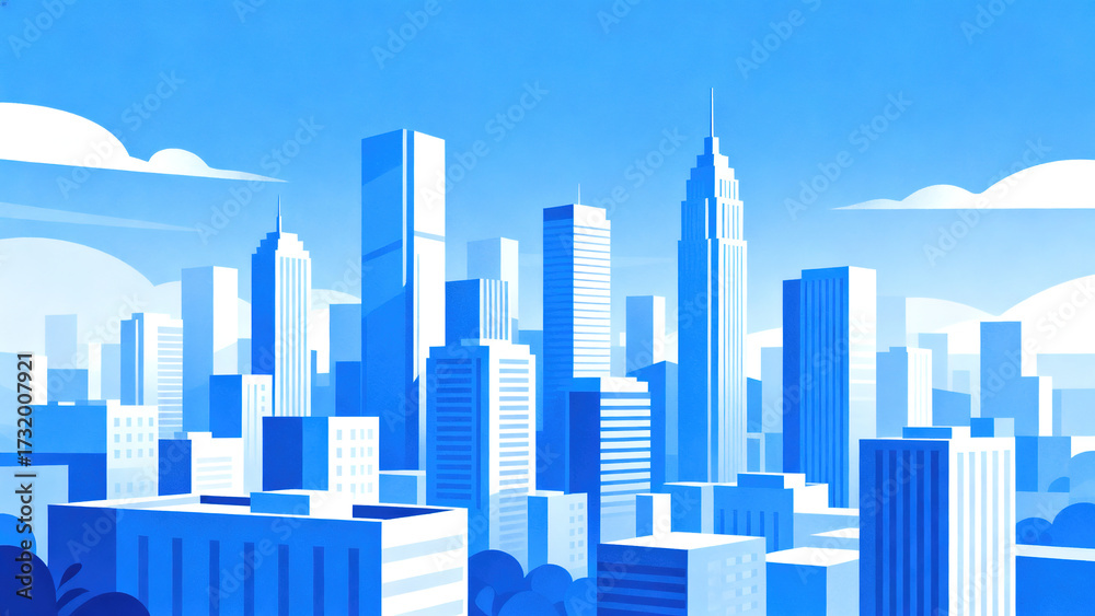 Fototapeta premium Cartoon - Style Blue and White Cityscape