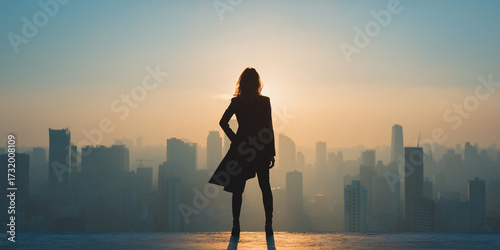 Silhouette of woman leader standing over city at sunrise