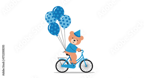 A cute teddy bear wearing a party hat rides a bicycle holding blue balloons.