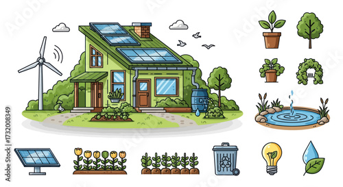 Eco-friendly Green House with Solar Panels and Wind Turbine.