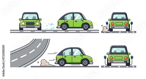 Set of green electric cars in various poses and actions.