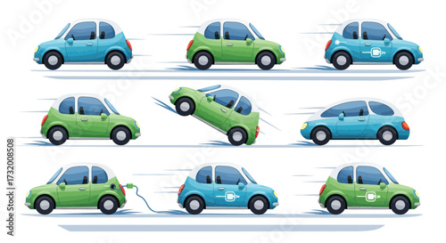 A collection of cartoon electric cars in various states including driving crashing and recharging.