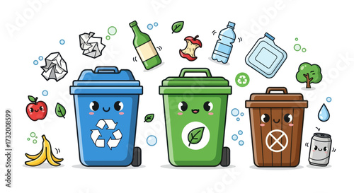 Cute Cartoon Recycling Bins with Waste for Segregation.