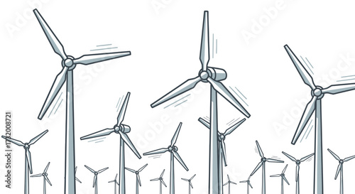 A hand-drawn illustration of a wind farm with numerous spinning wind turbines.