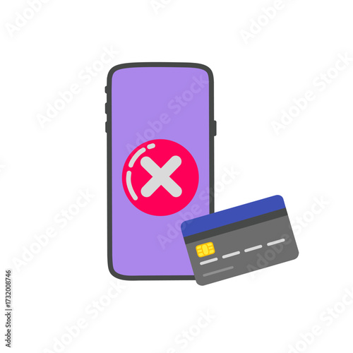 smartphone with error symbol and a credit card, representing mobile payment failure, declined transaction, online banking problem, e-wallet error, or financial security issue.