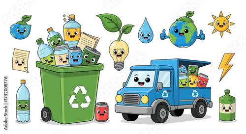 Happy Cartoon Recycling Bin and Truck with Eco-Friendly Characters and Symbols.