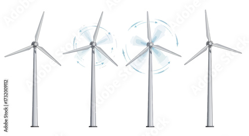 Set of Four Wind Turbines Generating Clean Energy.