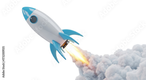Isolated rocket launch, startup concept with skyrocket and flames, cosmic journey, modern style