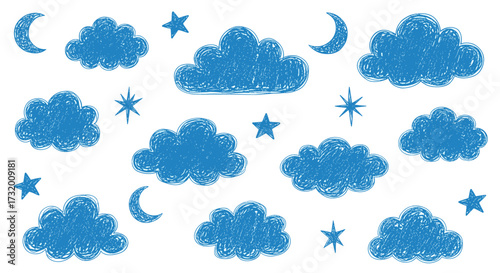 A whimsical collection of blue clouds stars and crescent moons suggesting a peaceful night sky scene.