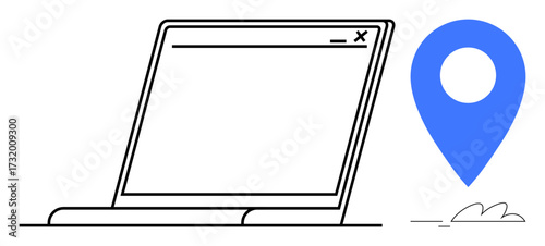 Laptop with open screen next to blue geolocation pin. Ideal for technology, mapping, navigation, location tracking, remote work, digital tools, and innovation concepts. Simple flat metaphor