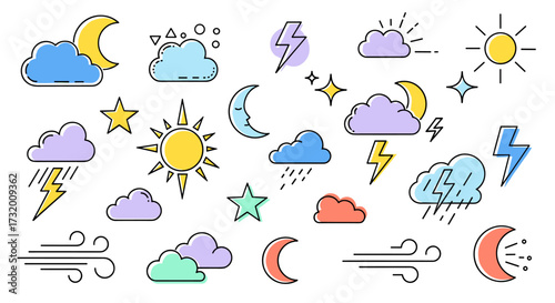 A collection of various weather icons for weather forecasting and meteorological information.