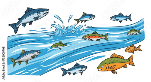 Vibrant Cartoon Fish Swimming and Leaping in a Dynamic River Stream Illustration.