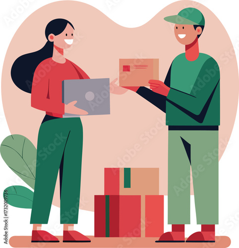 Customer happily receives an online order package from a delivery person