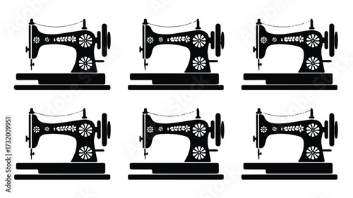 A black and white illustration of six vintage sewing machines arranged in two rows of three 
