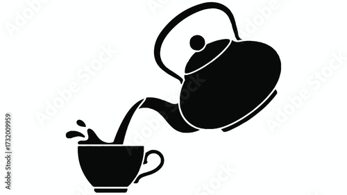 A black and white silhouette illustration of a teapot pouring tea into a teacup.  
