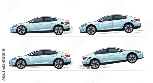 Four White Electric Sedans in Various Dynamic Poses.