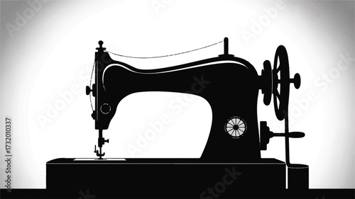 A black silhouette illustration of a vintage sewing machine against a white background 
