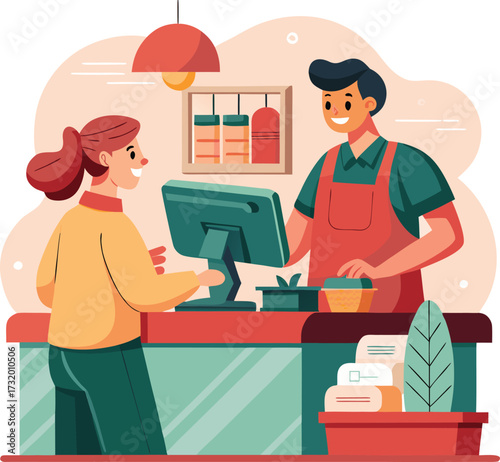 Friendly cashier scanning items at a retail checkout counter