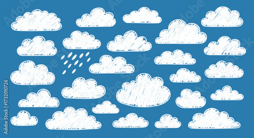 A collection of fluffy white clouds in various shapes and sizes scattered across a vibrant blue sky background.