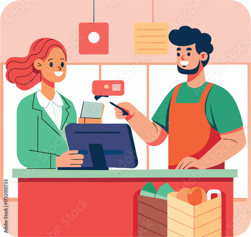 Friendly cashier scanning groceries at a supermarket checkout counter