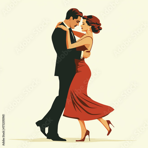 Passionate Couple Engaged in Dramatic Tango Dance Performance , vector style simple color