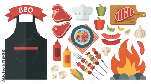 A flat design illustration of a BBQ cooking theme arranged in a collage style 
