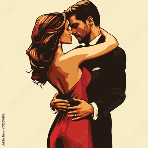 Passionate Couple Engaged in Dramatic Tango Dance Performance , vector style simple color