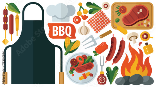 A flat design illustration of a BBQ cooking theme arranged in a collage style 
