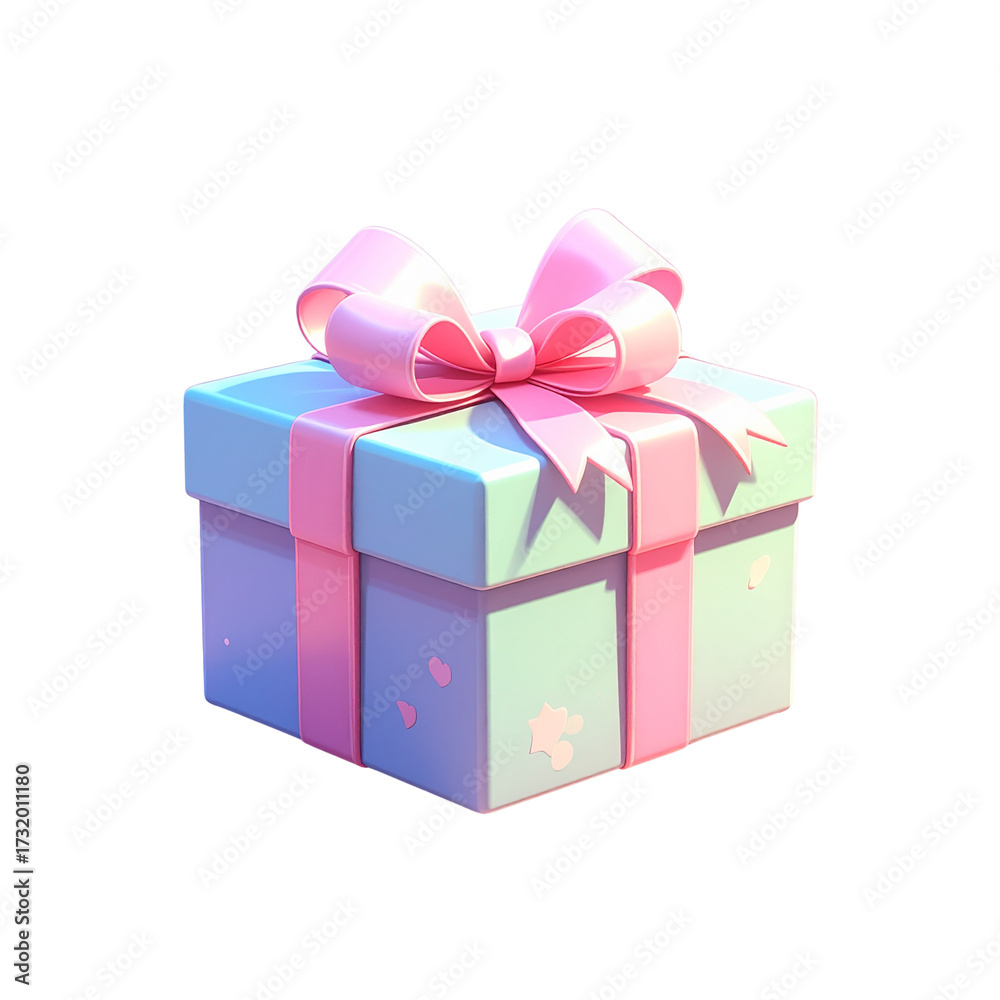 Fototapeta premium Cute pastel color gift box with pink ribbon, cartoon illustration style, soft shadows