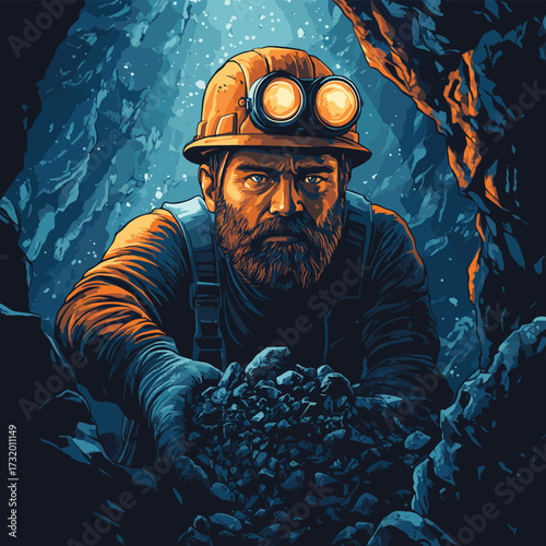 Strong Miner Holding Coal in Dimly Lit Underground Mine Scene , vector style simple color
