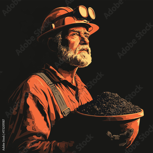Strong Miner Holding Coal in Dimly Lit Underground Mine Scene , vector style simple color
