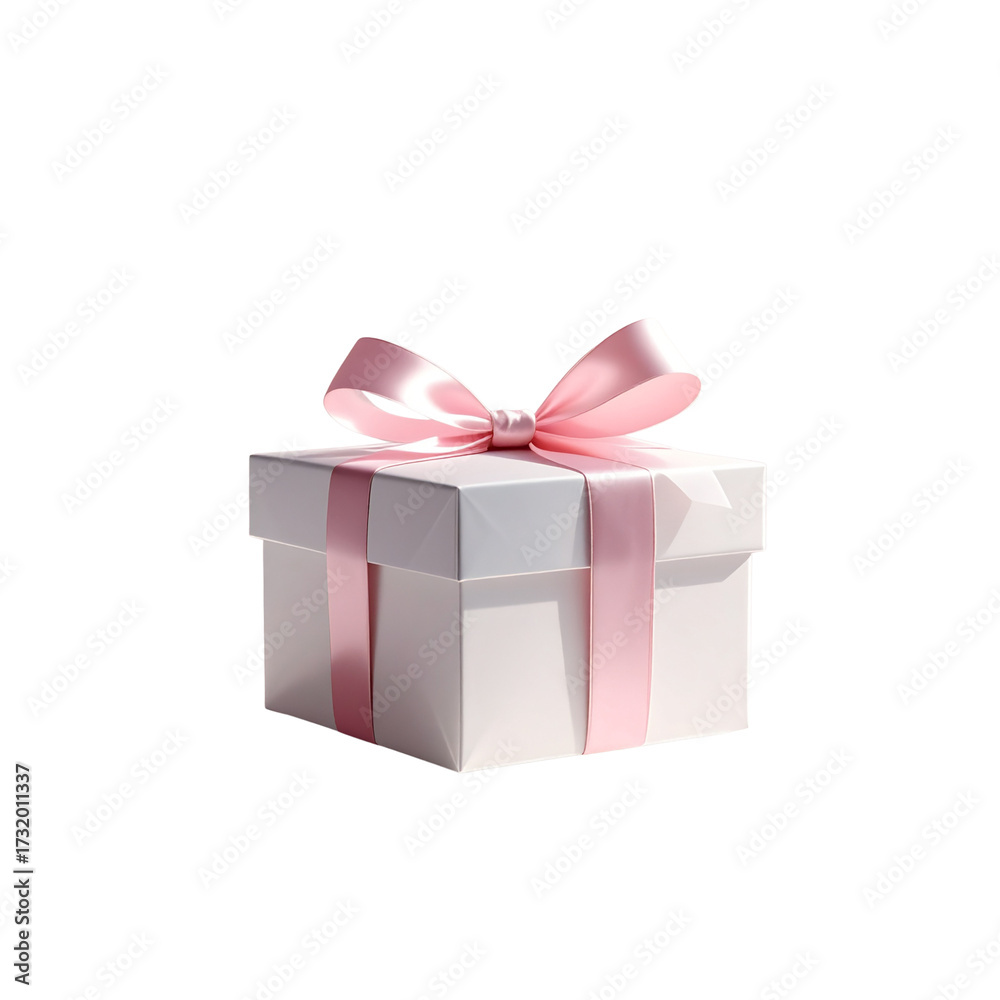 Obraz premium White elegant gift box with baby pink bow, romantic mood, soft studio lights 