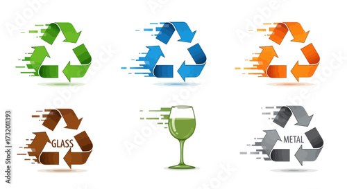 Colorful Recycling Symbols with Motion Trails and Glass.