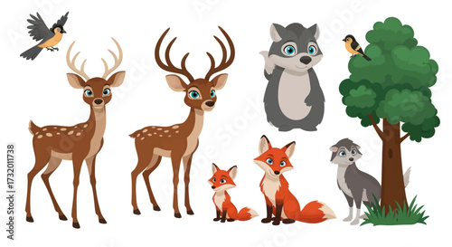 Adorable Cartoon Forest Animals Including Deer Foxes Wolf and Birds.