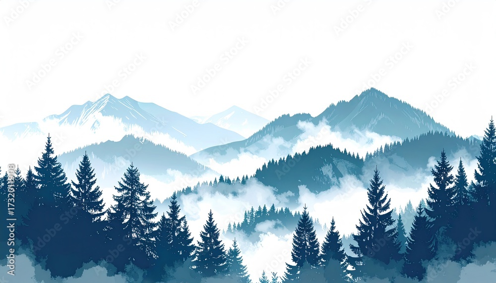 Obraz premium Misty mountain range, dark silhouettes of trees